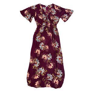 PATRONS OF PEACE Maroon Floral Crepe Faux Wrap-Front Maxi Dress Side Slit S Boho
